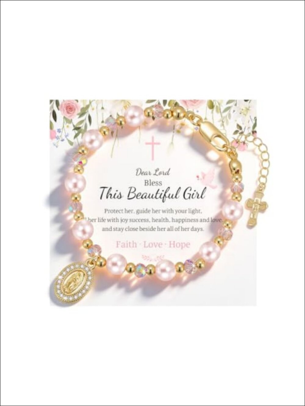 14K Gold Plated Rosary Bracelet Faux Pearl Beads Virgin Mary Cross Charm